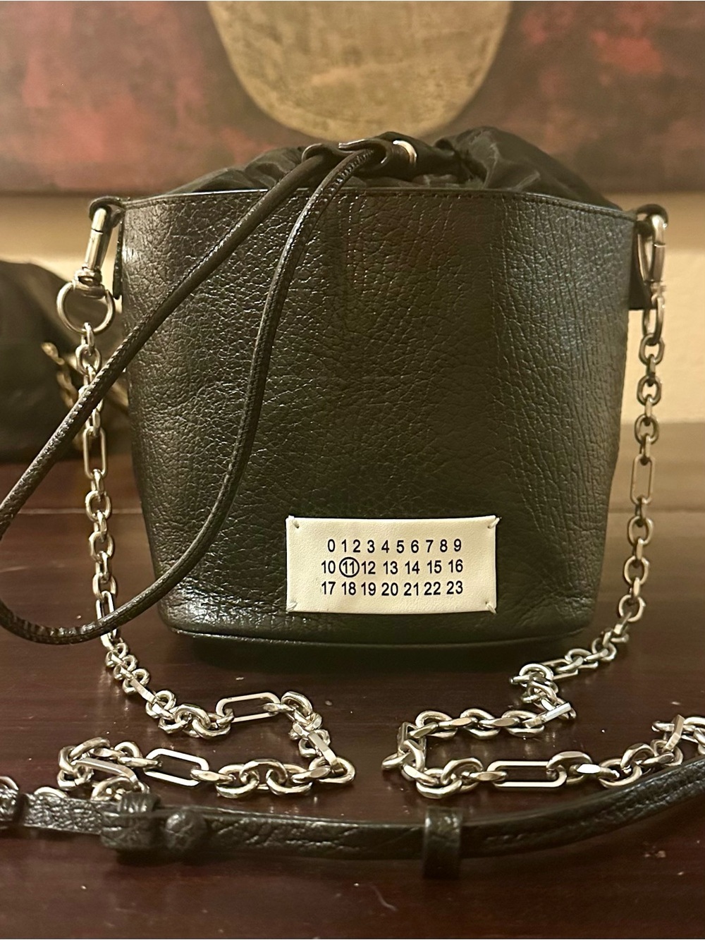 Maison Martin Margiela Black Pebbled Leather Mini Bucket Bag with Silver Chain